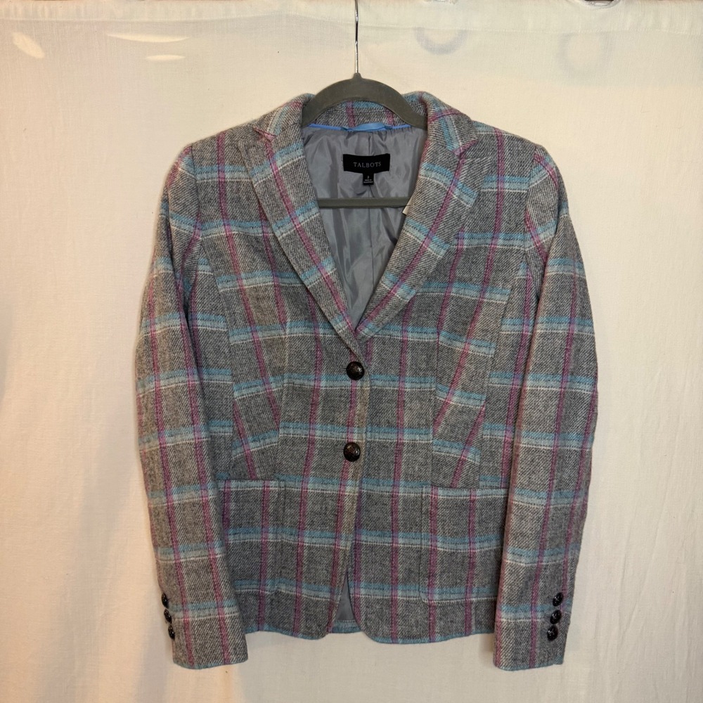 Talbots Womens Grey Pink Blue Plaid Two Button Blazer Jacket NWT Size 2